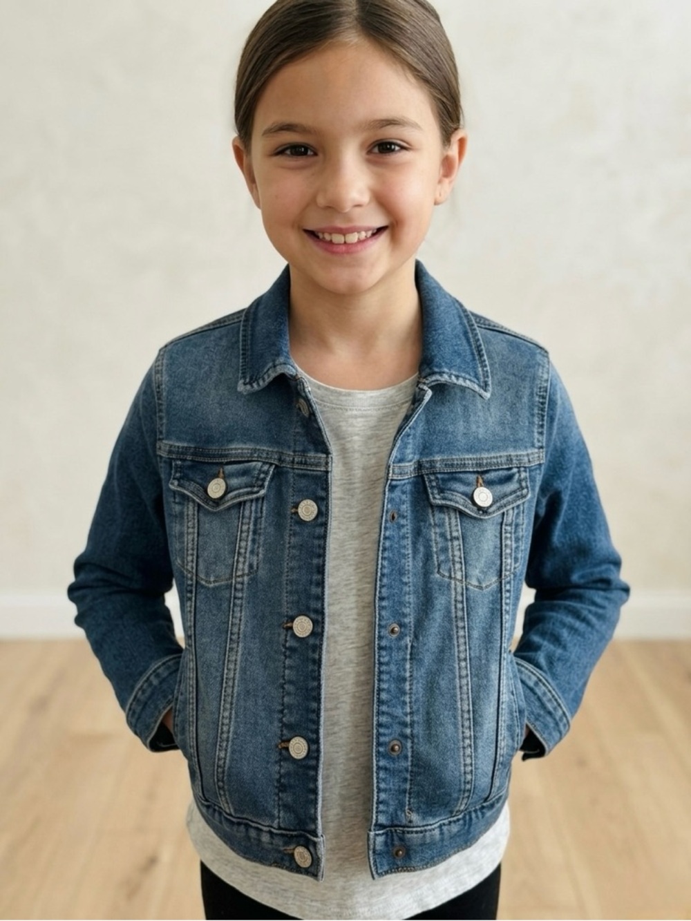 🔴 GAP Kids Easy-Snap Denim Trucker Jacket Dark Wash Stretch Size M 8-9 Girls